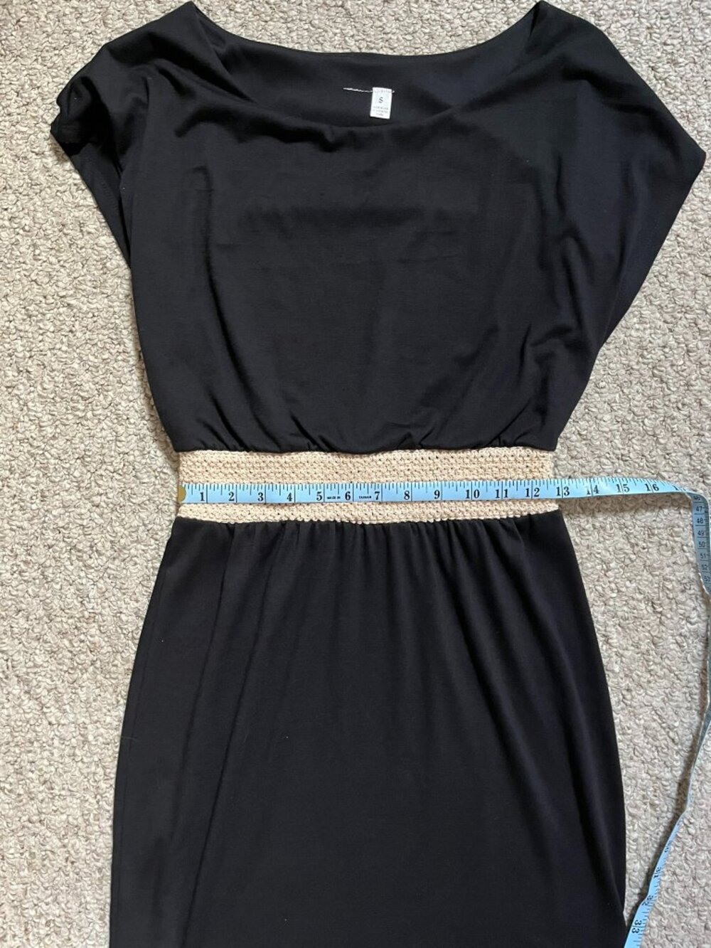 Black Short-Sleeve Blouson Dress w/ Textured Waistband, Size S - Picture 8 of 11